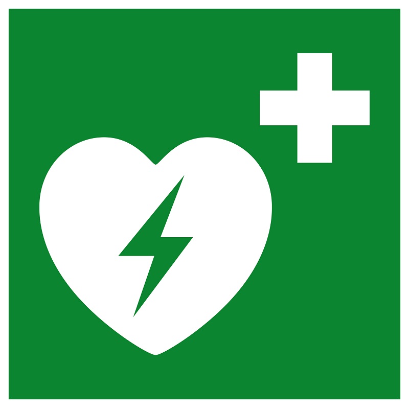 Die offizielle Bezeichnung des AED, ein grünes Feld mit Herz und Blitz im Herzen