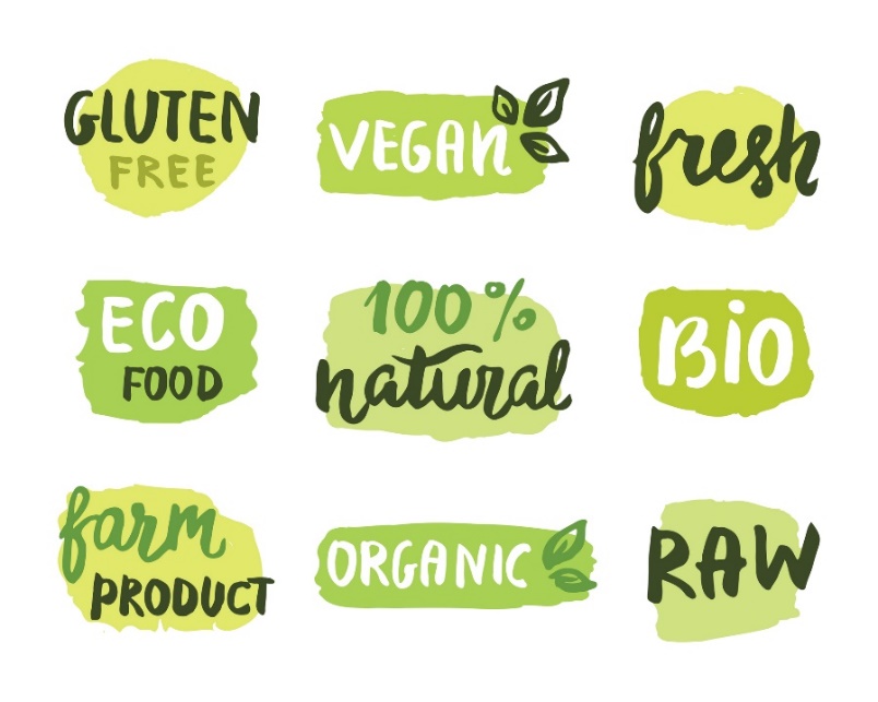Kennzeichnungen von Lebensmitteln, die von Orthorexikern häufig gesucht werden (glutenfreie Lebensmittel, Bio-Lebensmittel, vegane Lebensmittel, rohe Lebensmittel, Bio-Lebensmittel, natürliche Lebensmittel, frische Lebensmittel, landwirtschaftliche Produkte).