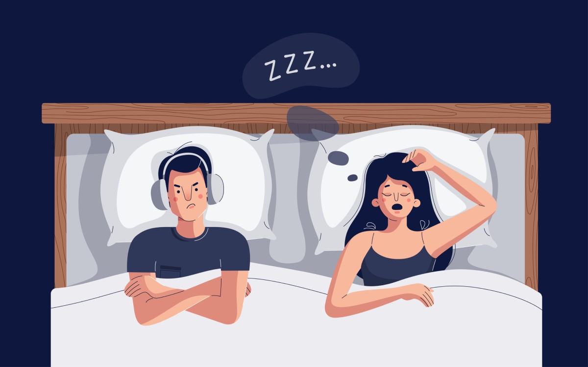 Mann und Frau liegen auf einem Bild und schnarchen. Schlafapnoe und animiertes Bild