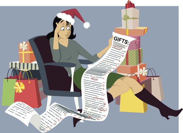 Animation zeigt eine gestresste Frau beim Weihnachtseinkauf