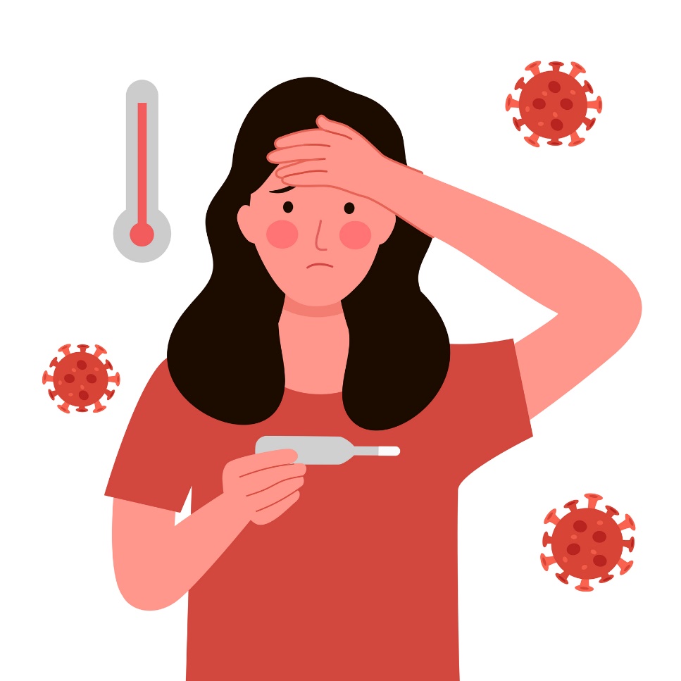 Animation einer Frau, die ihre Temperatur mit einem Thermometer misst