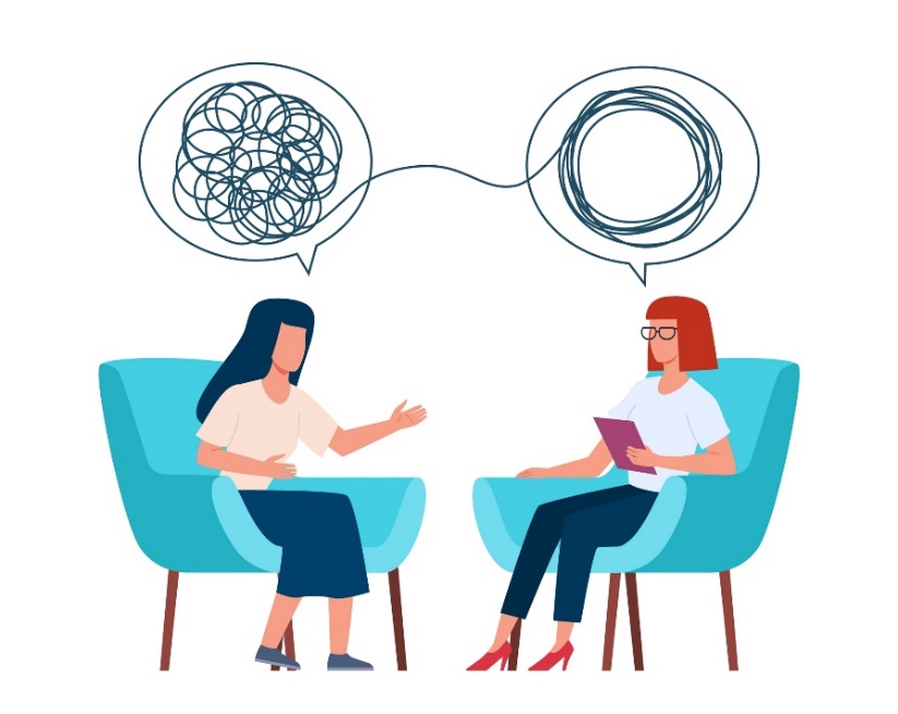Psychotherapie und Gespräch mit dem Therapeuten. Animation von Frauen, die auf Stühlen sitzen